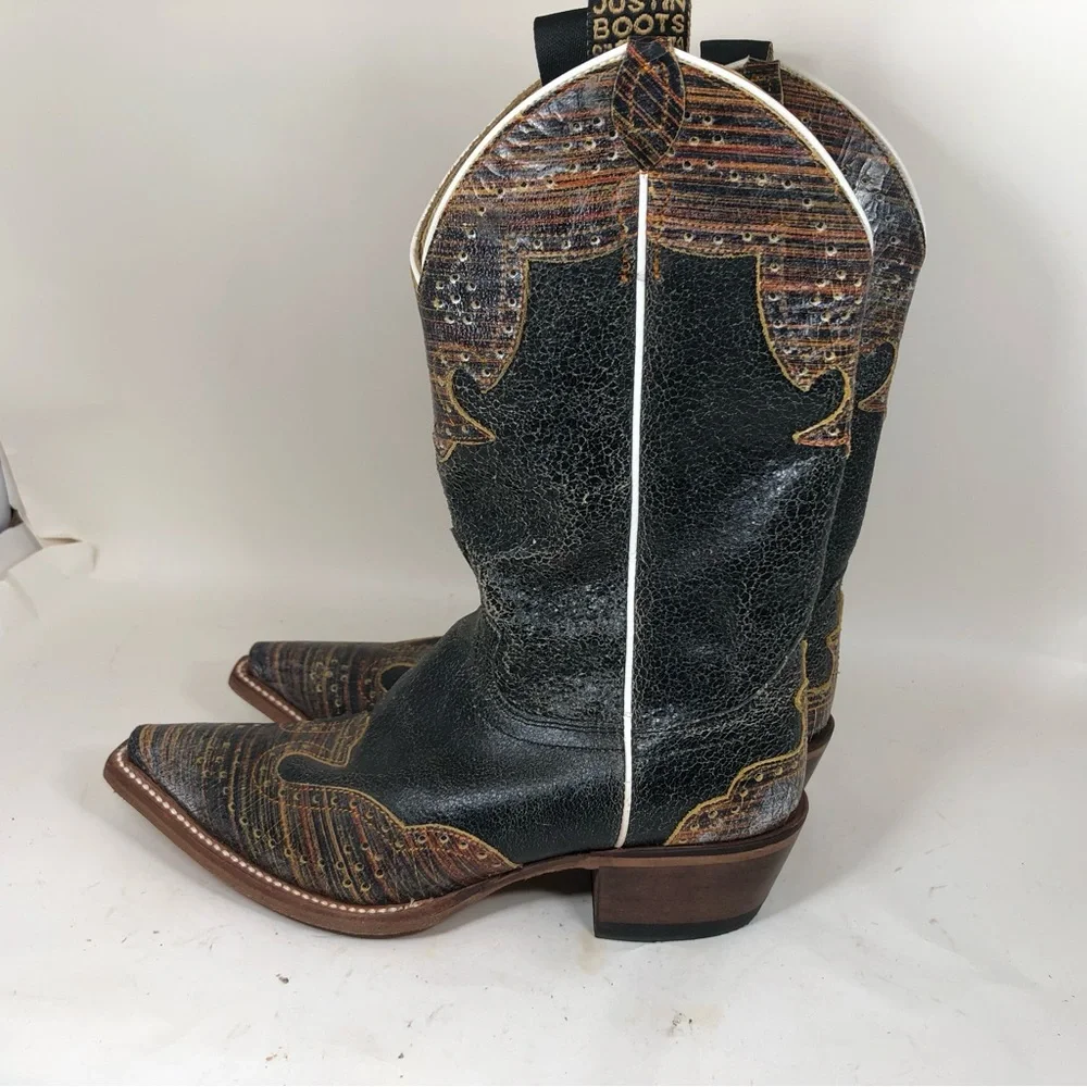 Justin Boots Vera Black Snip Toe Cowboy  Womens Black Casual Boots L4455 Sz 6 B